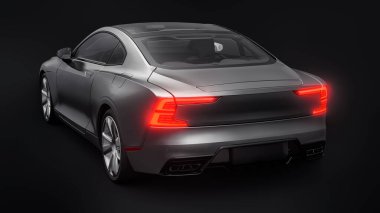 Konsept spor premium coupe. Siyah arka planda gri bir araba. Eklenti hibrit. Çevre dostu ulaşım teknolojileri. 3d oluşturma