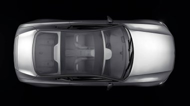 Konsept spor premium coupe. Siyah arka planda gri bir araba. Eklenti hibrit. Çevre dostu ulaşım teknolojileri. 3d oluşturma