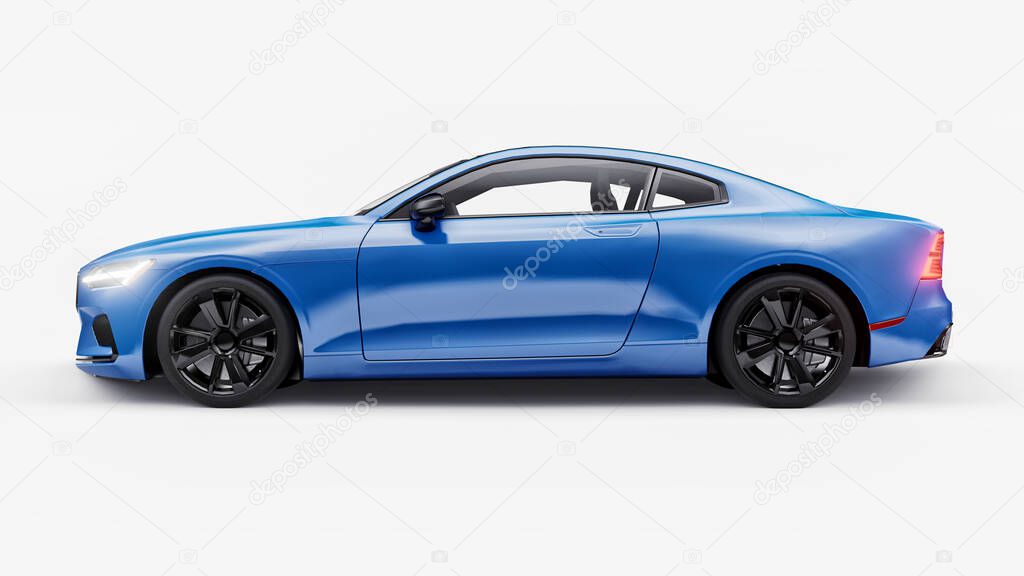 Concept car sports premium coupe. Blue car on white background. Plug-in hybrid. Technologies of eco-friendly transport. 3d rendering