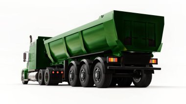 Beyaz arka planda kargo taşımak için karavan tipi çöp kamyonu olan büyük yeşil bir Amerikan kamyonu. 3d illüstrasyon