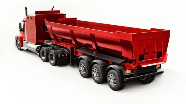 Large red American truck with a trailer type dump truck for transporting bulk cargo on a white background. 3d illustration