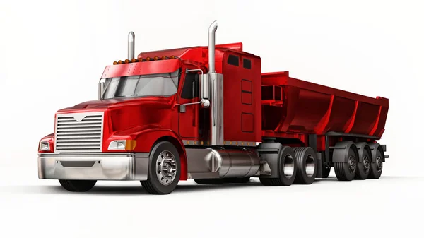 Μεγάλο Κόκκινο Αμερικανικό Φορτηγό Ρυμουλκούμενο Τύπου Ανατρεπόμενο Φορτηγό Για Μεταφορά — Φωτογραφία Αρχείου