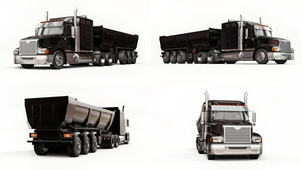 Conjunto Gran Camión Americano Negro Con Camión Volquete Tipo Remolque —  Fotos de Stock