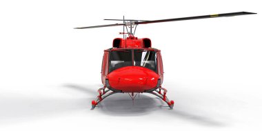 Beyaz arka planda kırmızı küçük askeri nakliye helikopteri. Helikopter kurtarma servisi. Hava taksisi. Polis, itfaiye, ambulans ve kurtarma ekipleri için helikopter. 3d illüstrasyon