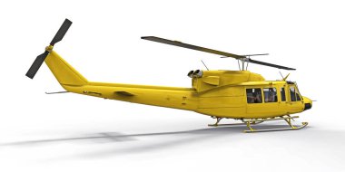 Beyaz arka planda sarı küçük askeri nakliye helikopteri. Helikopter kurtarma servisi. Hava taksisi. Polis, itfaiye, ambulans ve kurtarma ekipleri için helikopter. 3d illüstrasyon