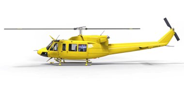 Beyaz arka planda sarı küçük askeri nakliye helikopteri. Helikopter kurtarma servisi. Hava taksisi. Polis, itfaiye, ambulans ve kurtarma ekipleri için helikopter. 3d illüstrasyon