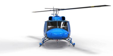 Beyaz arka planda küçük mavi askeri nakliye helikopteri. Helikopter kurtarma servisi. Hava taksisi. Polis, itfaiye, ambulans ve kurtarma ekipleri için helikopter. 3d illüstrasyon