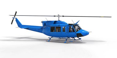 Beyaz arka planda küçük mavi askeri nakliye helikopteri. Helikopter kurtarma servisi. Hava taksisi. Polis, itfaiye, ambulans ve kurtarma ekipleri için helikopter. 3d illüstrasyon