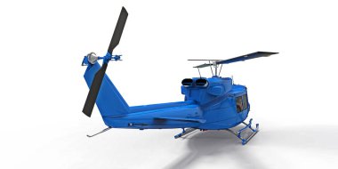 Beyaz arka planda küçük mavi askeri nakliye helikopteri. Helikopter kurtarma servisi. Hava taksisi. Polis, itfaiye, ambulans ve kurtarma ekipleri için helikopter. 3d illüstrasyon