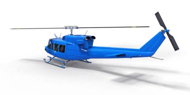 Beyaz arka planda küçük mavi askeri nakliye helikopteri. Helikopter kurtarma servisi. Hava taksisi. Polis, itfaiye, ambulans ve kurtarma ekipleri için helikopter. 3d illüstrasyon