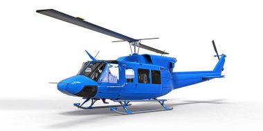 Beyaz arka planda küçük mavi askeri nakliye helikopteri. Helikopter kurtarma servisi. Hava taksisi. Polis, itfaiye, ambulans ve kurtarma ekipleri için helikopter. 3d illüstrasyon