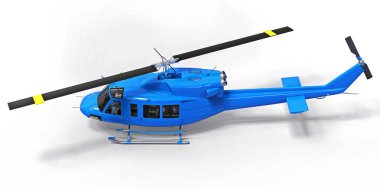 Beyaz arka planda küçük mavi askeri nakliye helikopteri. Helikopter kurtarma servisi. Hava taksisi. Polis, itfaiye, ambulans ve kurtarma ekipleri için helikopter. 3d illüstrasyon