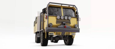 Uzak bölgelerdeki uzun ve zorlu seferler için büyük bir kamyon hazırlandı. Tekerlekli evi olan bir kamyon. 3d illüstrasyon