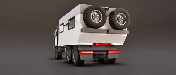 灰色の背景に大きな白いトラックは 遠隔地で長く困難な遠征のために用意されています 車輪付きの家を持つトラック 3Dイラスト — ストック写真