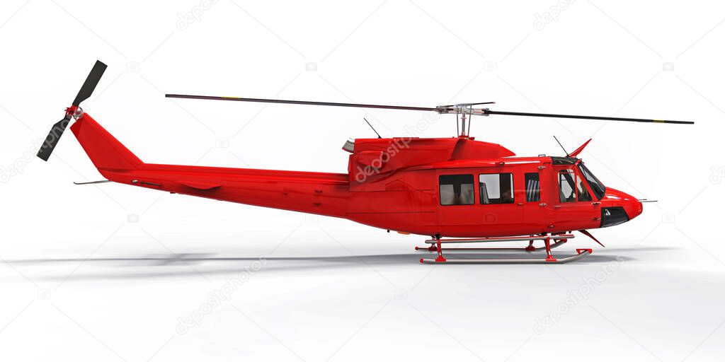Red small military transport helicopter on white isolated background. The helicopter rescue service. Air taxi. Helicopter for police, fire, ambulance and rescue service. 3d illustration
