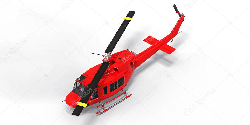 Red small military transport helicopter on white isolated background. The helicopter rescue service. Air taxi. Helicopter for police, fire, ambulance and rescue service. 3d illustration