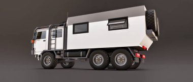 Gri arka planda büyük beyaz bir kamyon, uzak bir bölgede uzun ve zorlu seferler için hazırlandı. Tekerlekli evi olan bir kamyon. 3d illüstrasyon.