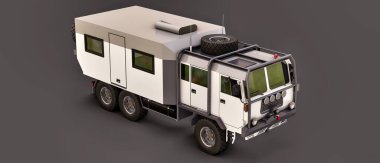 Gri arka planda büyük beyaz bir kamyon, uzak bir bölgede uzun ve zorlu seferler için hazırlandı. Tekerlekli evi olan bir kamyon. 3d illüstrasyon.