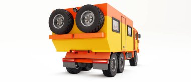 Büyük turuncu kamyon uzak bölgelerdeki uzun ve zorlu seferler için hazırlandı. Tekerlekli evi olan bir kamyon. 3d illüstrasyon