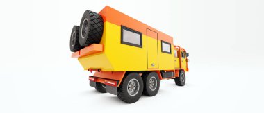 Büyük turuncu kamyon uzak bölgelerdeki uzun ve zorlu seferler için hazırlandı. Tekerlekli evi olan bir kamyon. 3d illüstrasyon