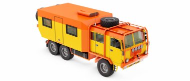 Büyük turuncu kamyon uzak bölgelerdeki uzun ve zorlu seferler için hazırlandı. Tekerlekli evi olan bir kamyon. 3d illüstrasyon