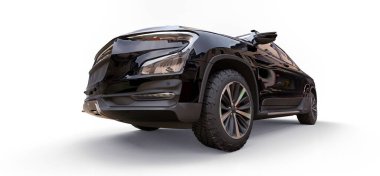 Beyaz izole edilmiş arka planda siyah kargo kamyonetinin üç boyutlu çizimi. 3d oluşturma