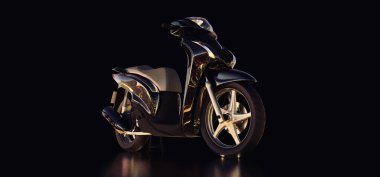 Siyah arka planda modern şehir siyah motosikleti. 3d illüstrasyon