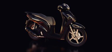 Siyah arka planda modern şehir siyah motosikleti. 3d illüstrasyon