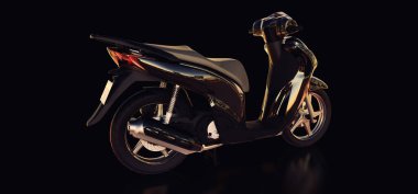 Siyah arka planda modern şehir siyah motosikleti. 3d illüstrasyon