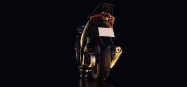 Siyah arka planda modern şehir siyah motosikleti. 3d illüstrasyon