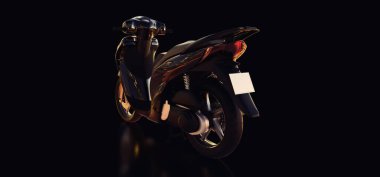 Siyah arka planda modern şehir siyah motosikleti. 3d illüstrasyon