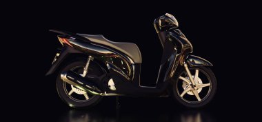 Siyah arka planda modern şehir siyah motosikleti. 3d illüstrasyon