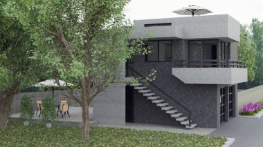 Modern ev bahçe ve garaj ile. 3D render