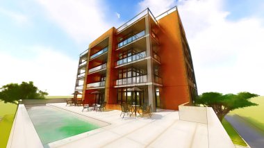 Kapalı alanı, garajı ve yüzme havuzu olan küçük işlevsel bir bina. Sıcak havalarda dinlenmek için şemsiyeli bir alan. Küçük bulutlarla dolu güneşli bir yaz günü. 3D çizim tarzı, taklit kalem ve suluboya. 3d renderin