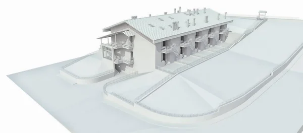 小城镇或农村地区的公寓 一间小旅馆 一间为客人提供车库的旅馆 在一座白色背景的住宅大楼的外面 3D渲染 — 图库照片