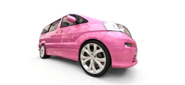 İnsanların taşınması için küçük pembe bir minivan. Parlak beyaz bir arka planda üç boyutlu illüstrasyon. 3d oluşturma