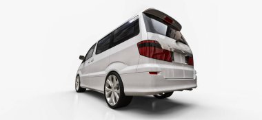 İnsanların taşınması için beyaz, küçük bir minivan. Parlak beyaz bir arka planda üç boyutlu illüstrasyon. 3d oluşturma