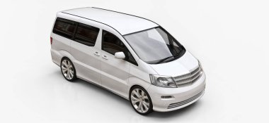İnsanların taşınması için beyaz, küçük bir minivan. Parlak beyaz bir arka planda üç boyutlu illüstrasyon. 3d oluşturma
