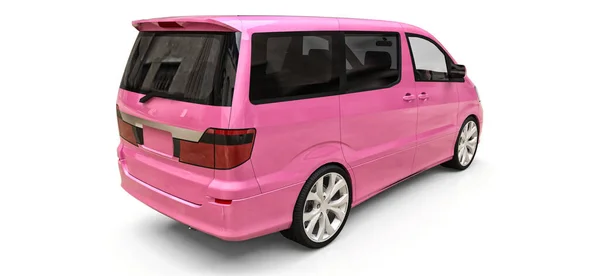 Růžový Malý Minivan Pro Přepravu Osob Trojrozměrná Ilustrace Lesklém Bílém — Stock fotografie