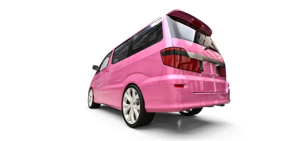 Rosa Liten Minibuss För Transport Människor Tredimensionell Illustration Blank Vit — Stockfoto