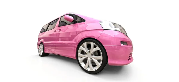 Różowy Minivan Przewozu Ludzi Trójwymiarowa Ilustracja Błyszczącym Białym Tle Renderowanie — Zdjęcie stockowe