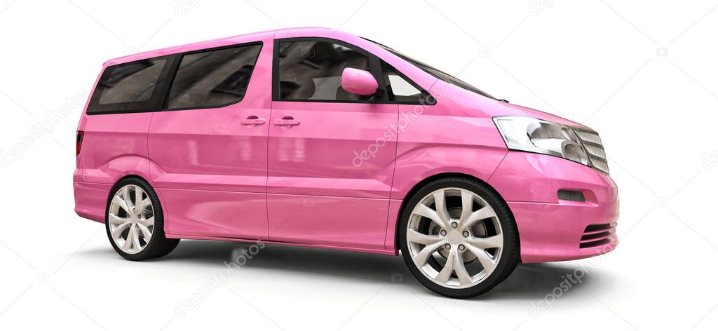 Pink small minivan for transportation of people. Three-dimensional illustration on a glossy white background. 3d rendering
