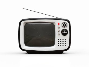 Beyaz arka planda anten olan eski ve şirin bir televizyon. 3d illüstrasyon