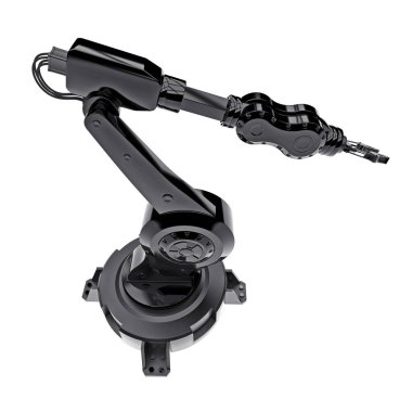 Fabrikada ya da üretimdeki her iş için robotik siyah kol. Karmaşık görevler için mekanik ekipman. 3d illüstrasyon