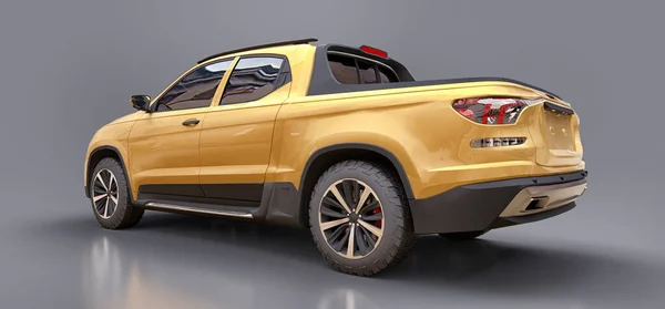 3D illustration of yellow concept cargo pickup truck on grey isolated background. 3d rendering