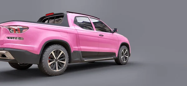 3D illustration of pink concept cargo pickup truck on grey isolated background. 3d rendering
