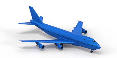 Uzun okyanus ötesi uçuşlar için büyük kapasiteli yolcu uçakları. Beyaz izole edilmiş arka planda mavi uçak. 3d illüstrasyon