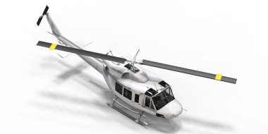 Beyaz izole edilmiş arka planda küçük bir askeri nakliye helikopteri. Helikopter kurtarma servisi. Hava taksisi. Polis, itfaiye, ambulans ve kurtarma ekipleri için helikopter. 3d illüstrasyon