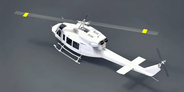 White small military transport helicopter on gray isolated background. The helicopter rescue service. Air taxi. Helicopter for police, fire, ambulance and rescue service. 3d illustration