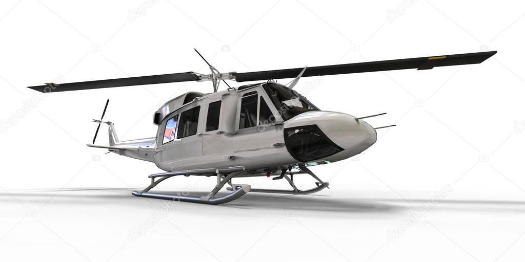White small military transport helicopter on white isolated background. The helicopter rescue service. Air taxi. Helicopter for police, fire, ambulance and rescue service. 3d illustration